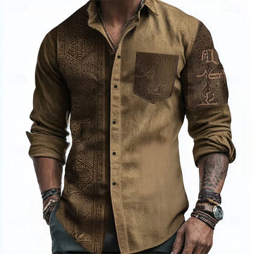 New men's 3D reindeer print shirt men's long sleeved shirt casual button loose top ethnic retro collar shirt