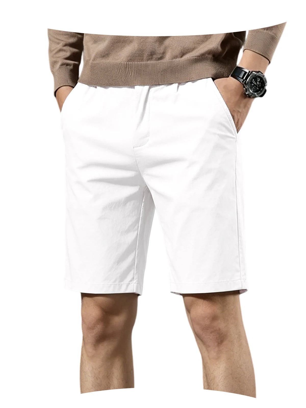 Men Cotton Solid Knee Length Bermuda Shorts Straight Chino Shorts Front Back Pockets Breathable Summer Beach Daily Casual Shorts