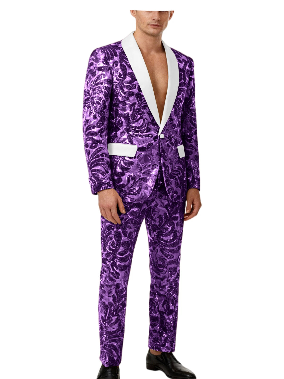 Men's Sequin Paisley Tuxedo Set Suit White Satin Shawl Lapel Slim Fit 2 Piece Blazer+Pants For Wedding Prom Party Suit Plus Size