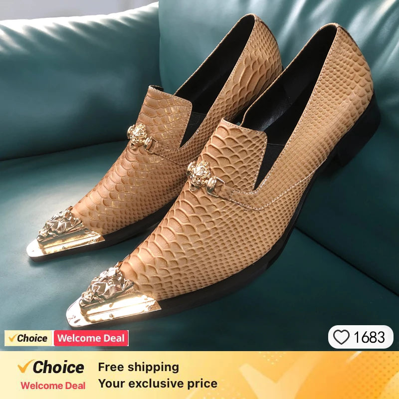 brown business dress men's shoes black snake embossed Genuine leather shoes dragon head pointed party Trend wedding shoes