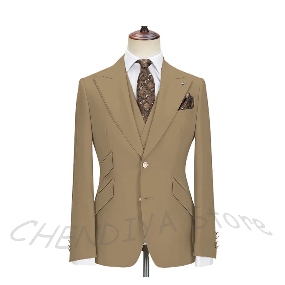 Solid Color Men's Suits 3 Piece (Blazer+Pants+Vest) Fashion Peak Lapel Single Breasted Prom Male  Business Casual Clothing