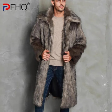 PFHQ Men's Autumn Winter Faux Fur Coat Warm Jacket 2025 Turn-down Collar Long Sleeve Male Tops Korea Fashion 21Z8044