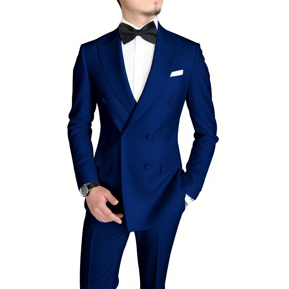 Classic Black Men's Suit Fashion Peak Lapel Double Breasted Outfits Wedding Groom Prom Business Formal Suit (Jacket+Pants)