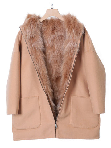 2025 New MAOMAOKONG Real Natural Fox Fur Lining Wool Blends Female Coat Winter Women Jacket Overcoat Woolen Coat