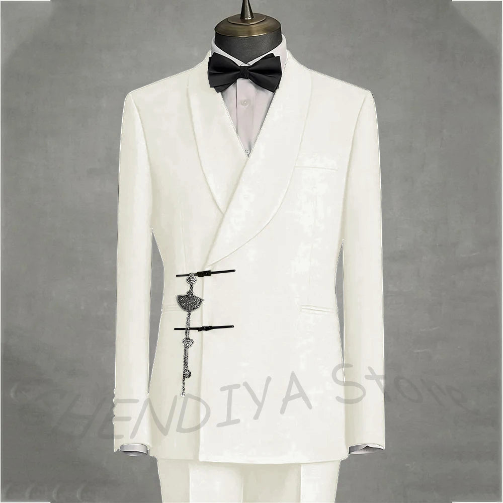 Solid Black Men's Suits Slim Fit Double Button Business Pants Suit Tailored Prom Party Wedding 2 Piece Jacket With Pants