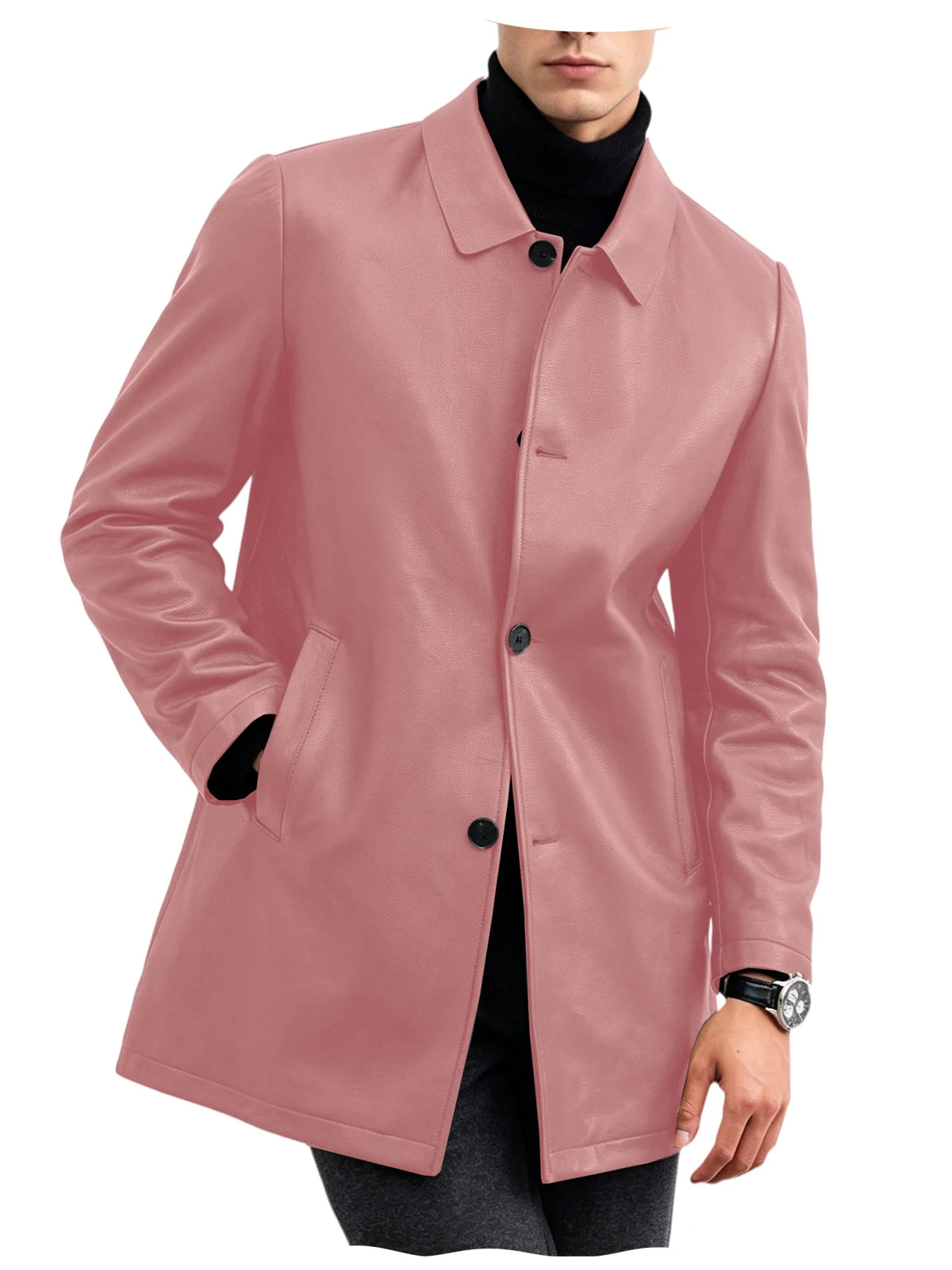Men Premium Leather-Like Trench Coat Turn-Down Collar Single Breasted Mid-Length Overcoat Classic Slim Fit Business Casual Wear