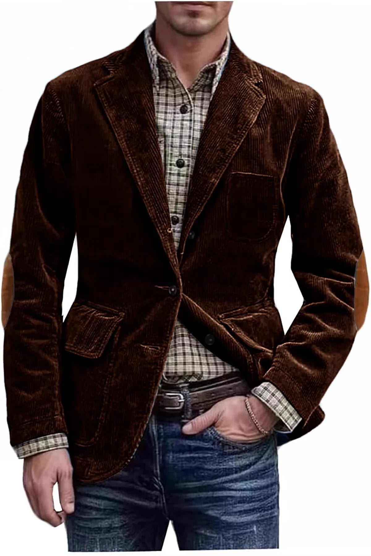 Men's Hunting Corduroy Blazer with Elbow Patches Vintage Tan Notched Lapel Casual Jacket British Slim Fit Daily Work Suit Coat