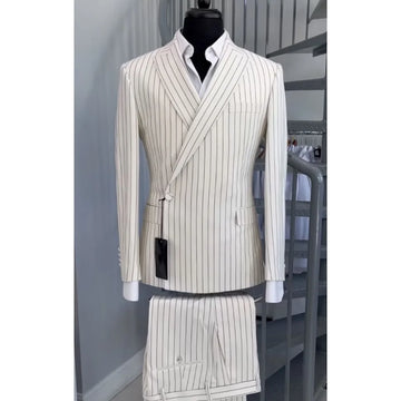 Elegant White Stripes Single Button Men Suit Two Pieces(Jacket+Pants) Lapel Outfits Casual Party Prom Wedding Set