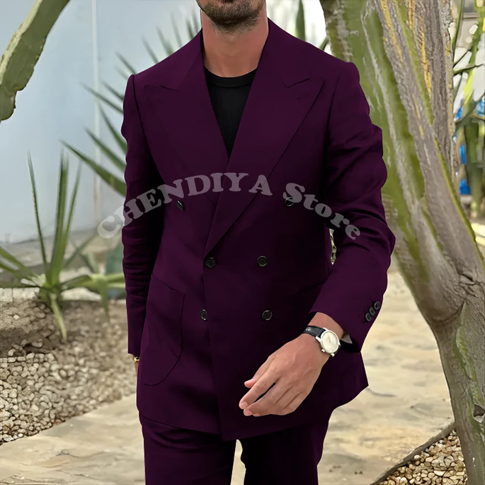 Fashion Men's Suits Black Notch Lapel Double Breasted Classic Smart Casual 2 Piece Prom Party Wedding Tuxedo Slim Costume Homme