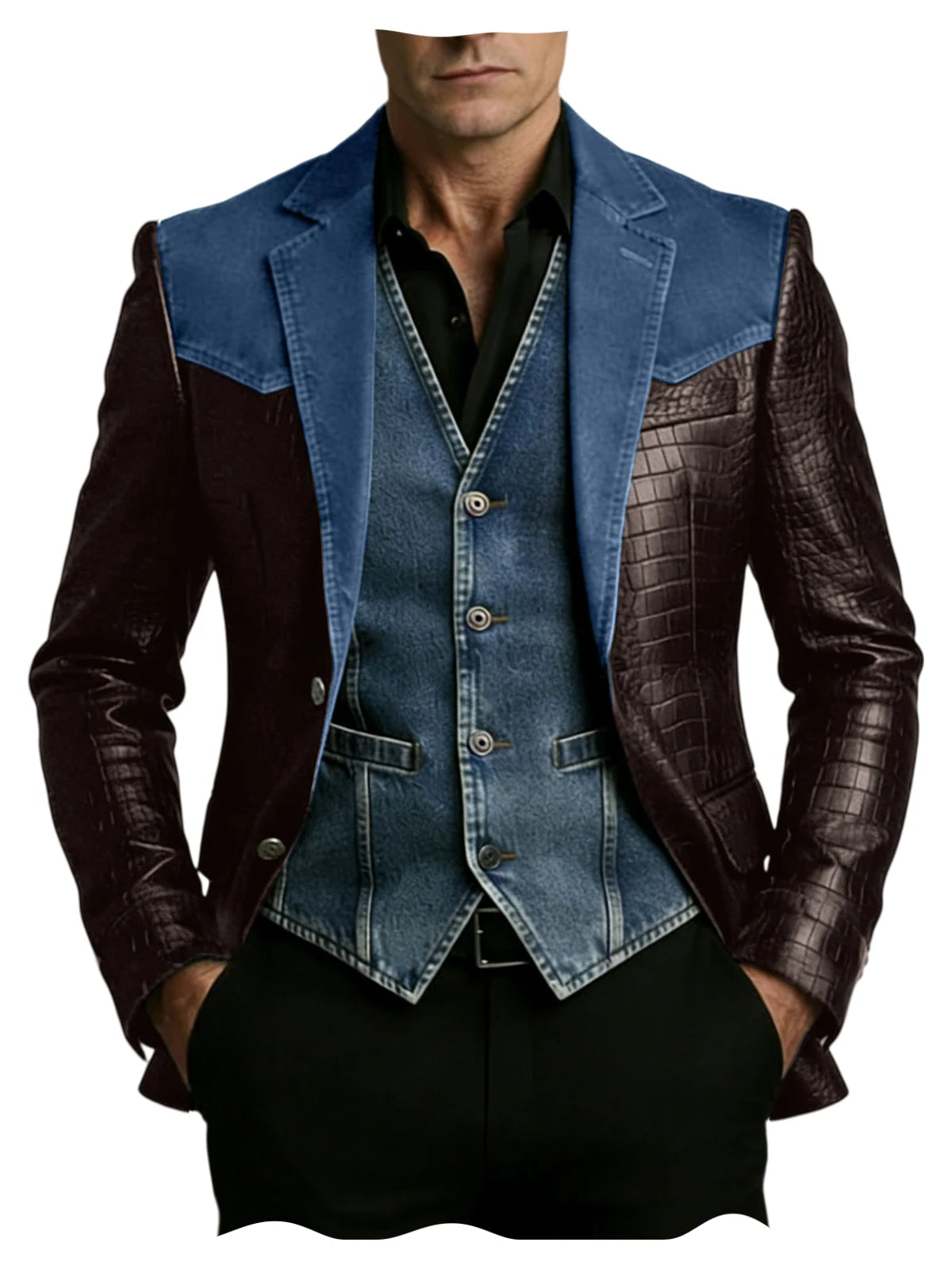 Men's Blazer Luxury Crocodile Embossed Leather Patchwork Denim Suit Jacket Notched Lapel Western Cowboy Party Casual Streetwear