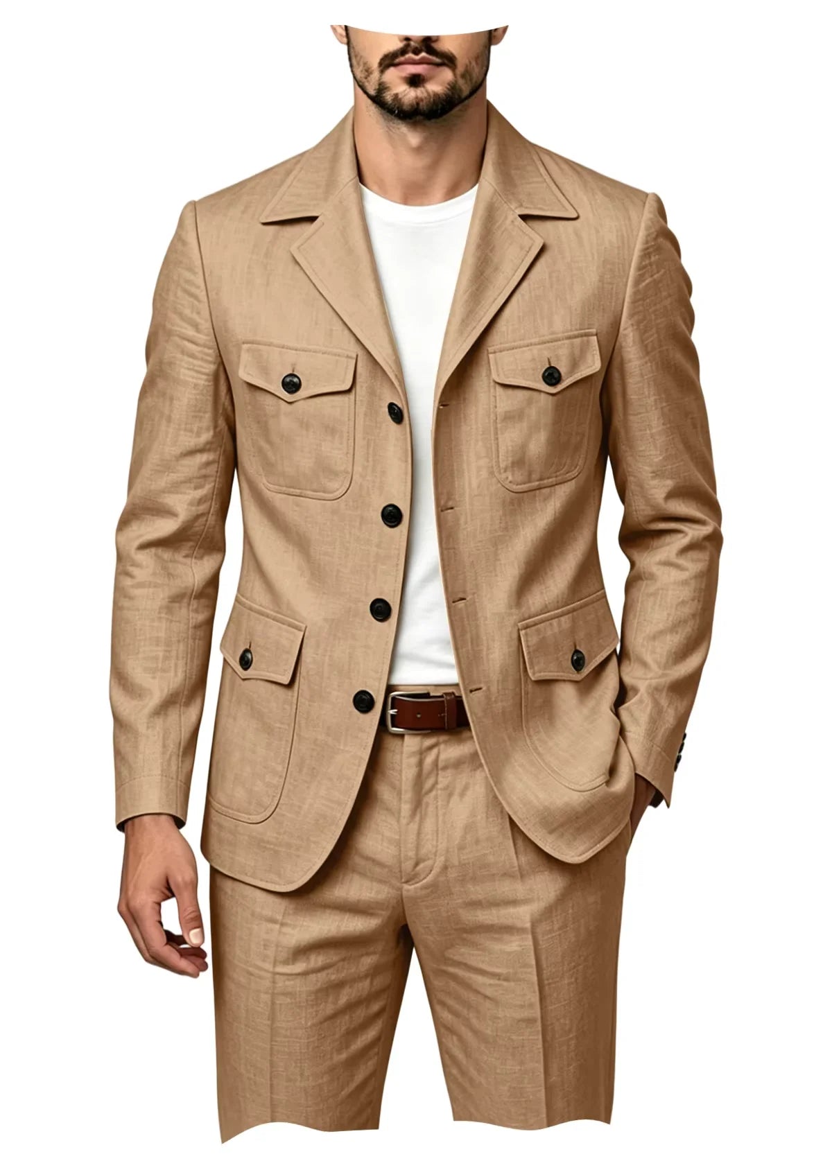 Men's Grey Linen Blend Suit 2 Piece Multi Pocket Peak Lapel Blazer pants Set Lightweight formal Suit for Summer Business Casual