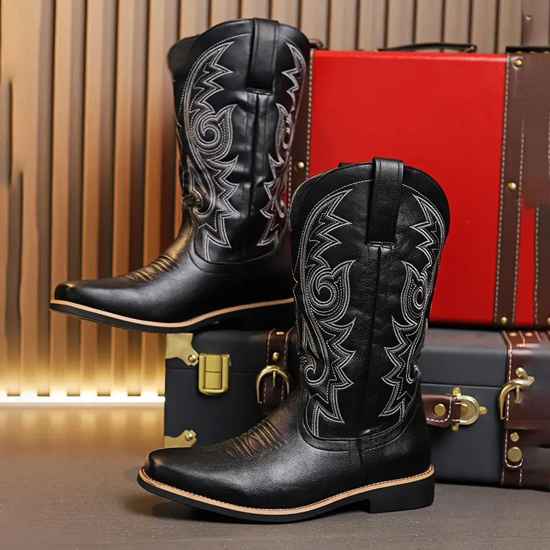 British style Black Western Boots Men Fashion Quality Men's High Boots Plus Size 48 Embroidered Leather Cowboy Boots for Men