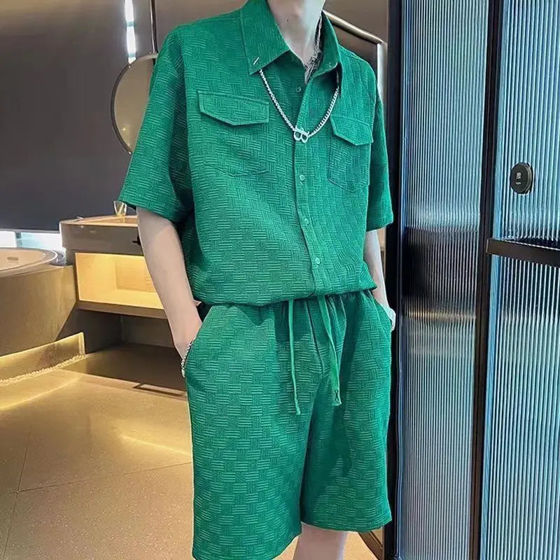 Male Shirts Short Sets Green Plain Kpop Elastic Casual Loose 2025 Trend Regular Fit Original Brands Polyester Men's Shorts Set
