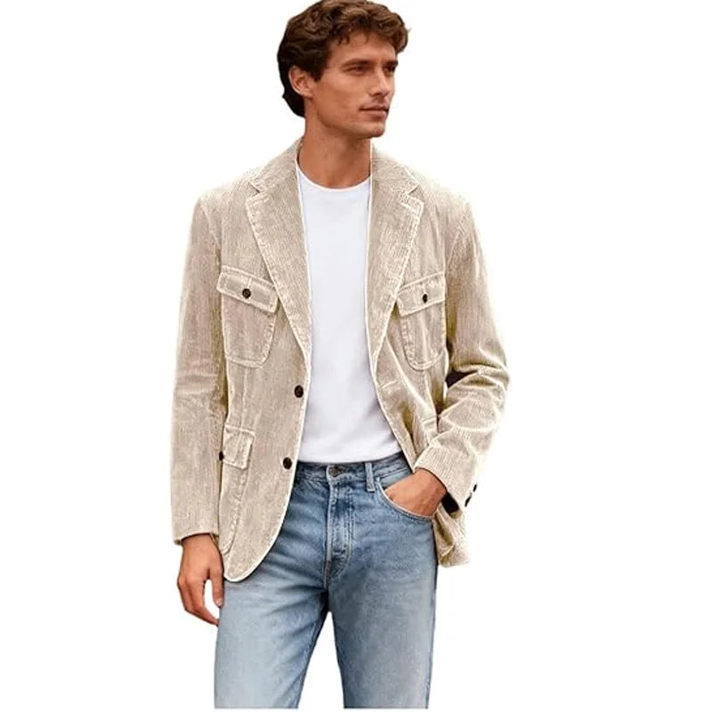 Vintage Men's Corduroy Casual Blazer Slim Fit Solid Color Black Brown Fashion Single Breasted Outerwear Customized Male's Jacket