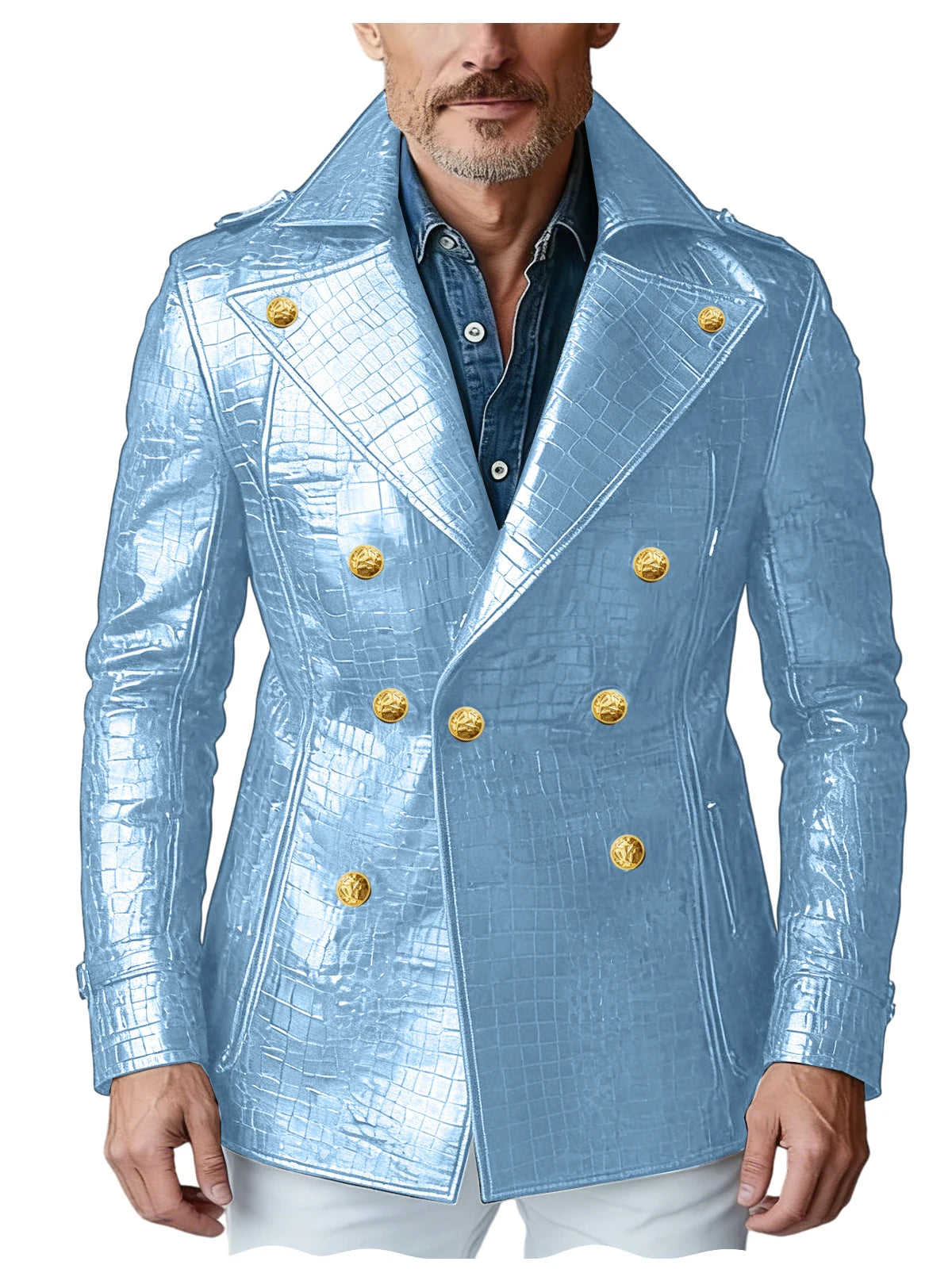 Men's Crocodile Embossed Leather Blazer Double Breasted Trench Coat Wide Lapel Gold Button Slim Fit Jacket For Four Season