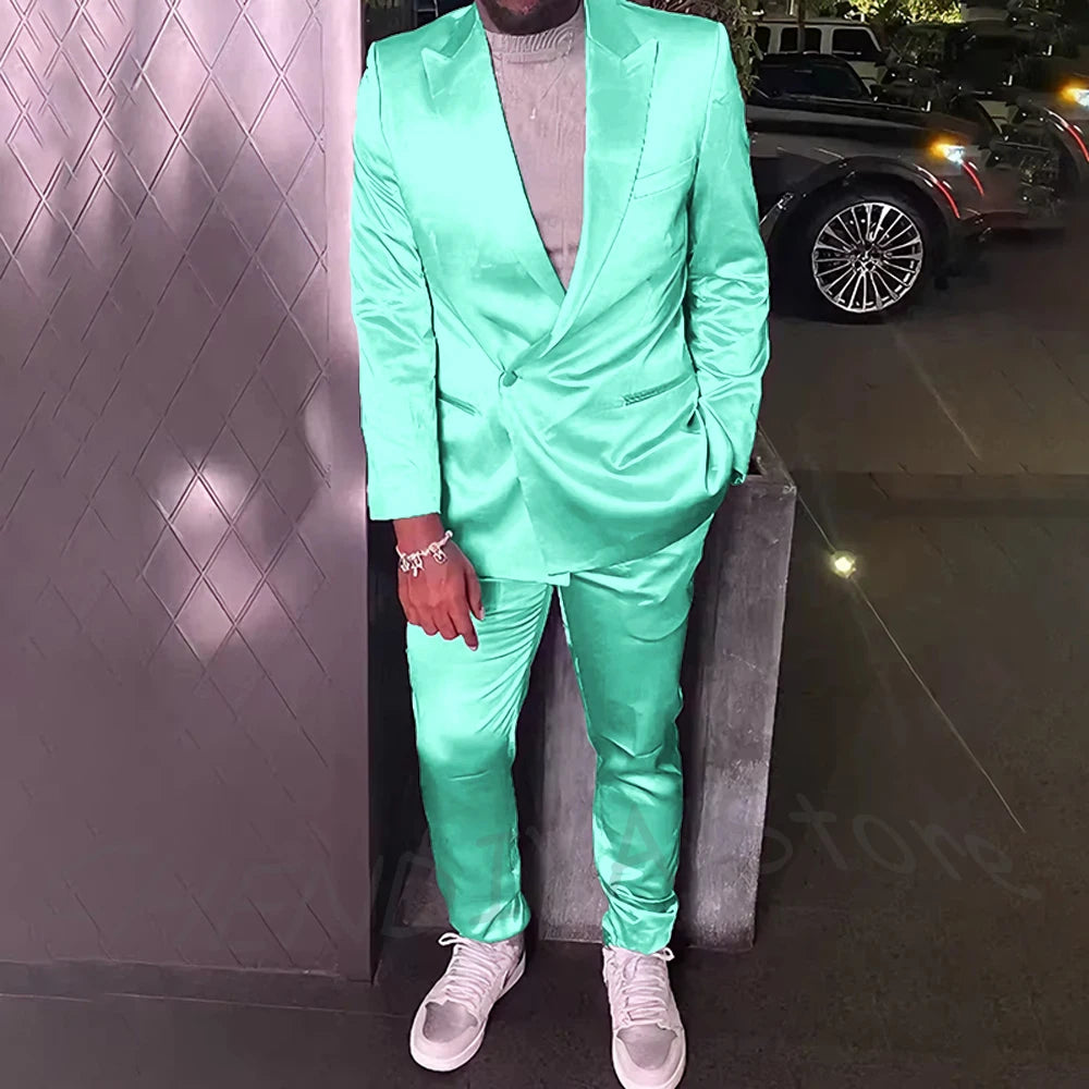 Silver Satin Men Suits 2 Piece Chic Peak Lapel Casual Daily Suit Single Button Formal Evening Party Tuxedo (Blazer+Pants)