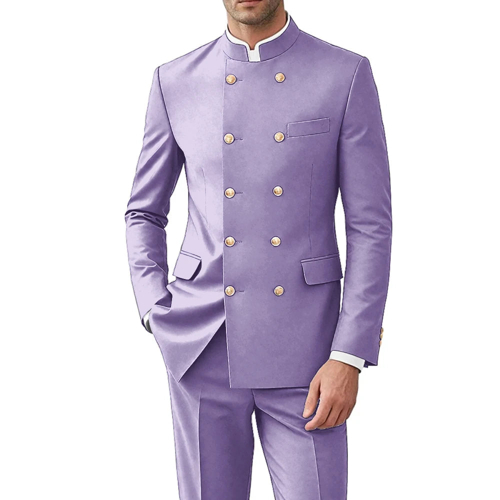Solid Color Men Suits Formal 2 Pieces Double Breasted Stand Collar Balzer Pants Formal Party Business Wedding Set Customized