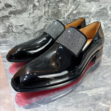 New Stylish Men's Black Patent Leather Shoes Luxury Rhinestone Loafers Shoes For Men Handmade Slip On Dress Shoes Wedding Shoes