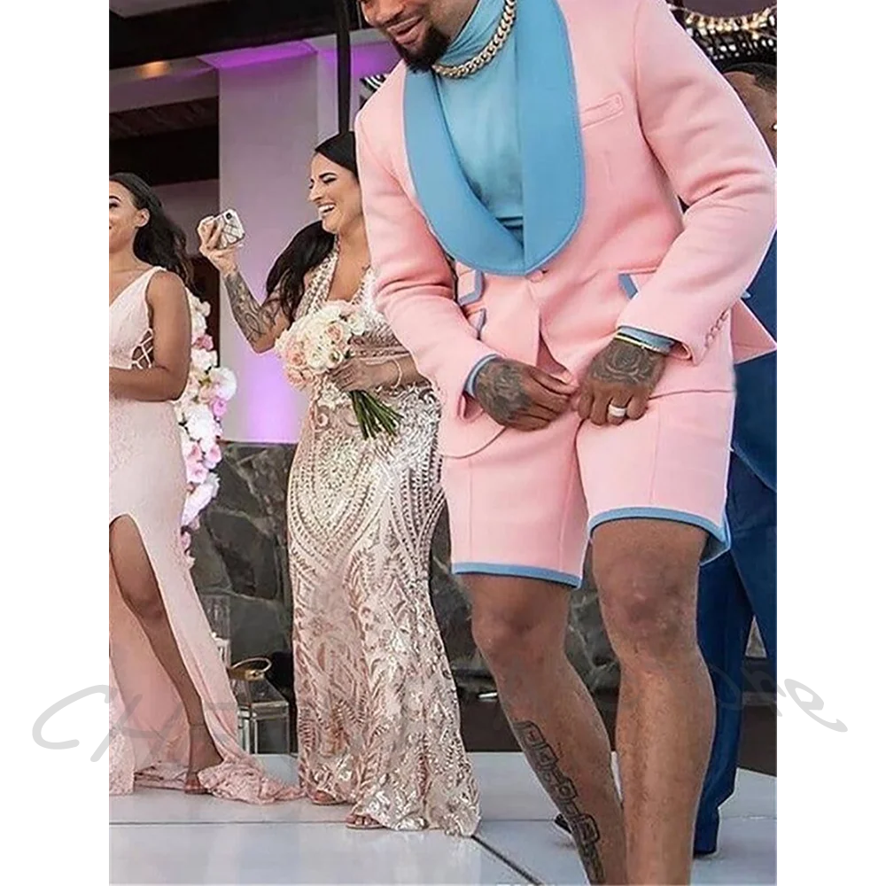Chic Pink Men Suit Elegant Shawl Lapel Single Button Slim Blazer Short Pants High Street Casual Outfit Party Prom Male Wear