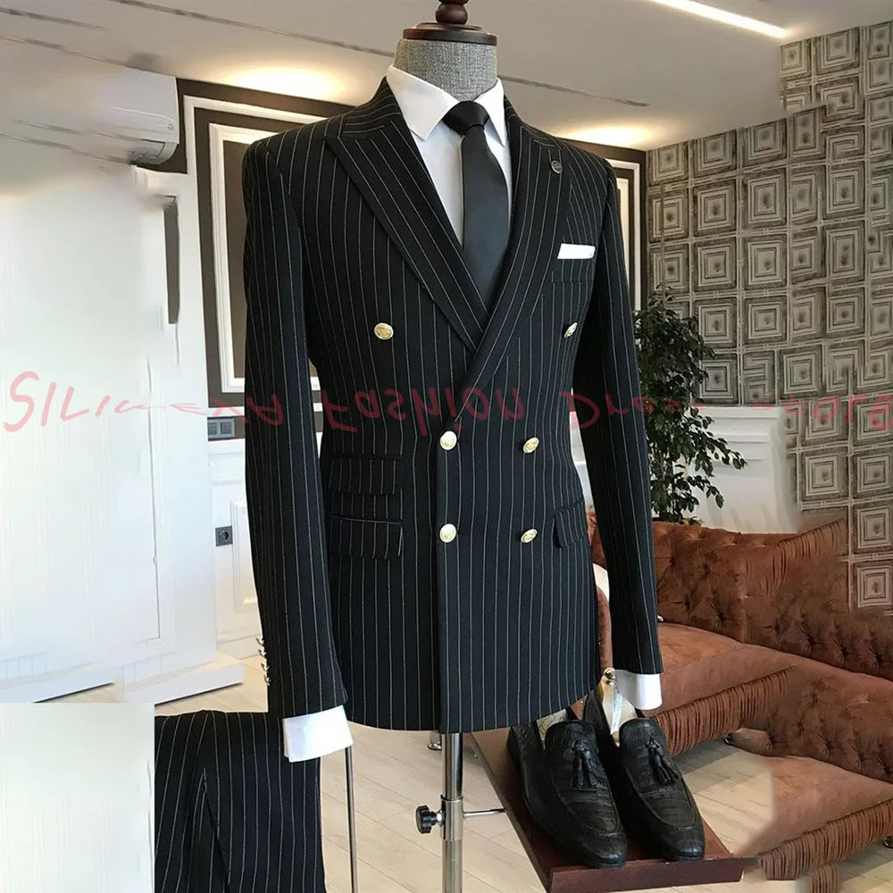 2025 Men's High-End Boutique Suit Stripe Trousers Set Wedding Party Fashion Business Casual Trendy Two-Piece Ensemble