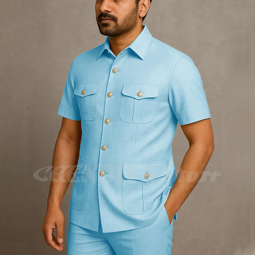 Solid Color Men Suits Safari Style Stand Collar Single Breasted Slim Fit Outfits Smart Casual Office Work Social Daily Set