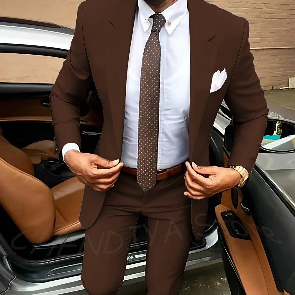 Dark Brown Men's Suits Classic Notched Lapel Slim Fit 2 Pieces Chic Single Breasted Formal Dinner Business Outfits Jacket Pants