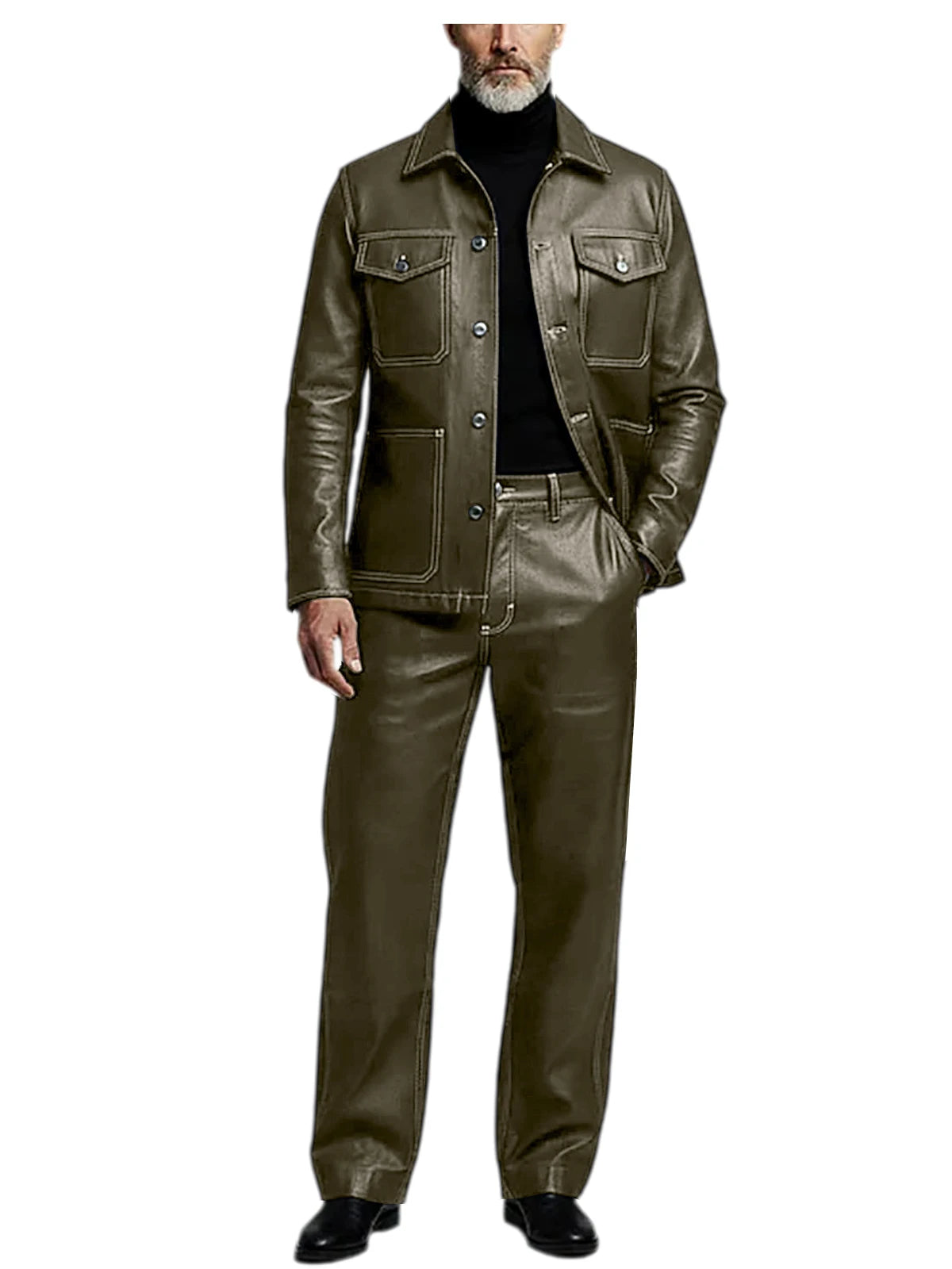 Men's 2 Piece PU Leather Suit Set Multi Pocket Shirt Collar Trucker Jacket Straight Leg Pants Business Casual Streetwear Outfits