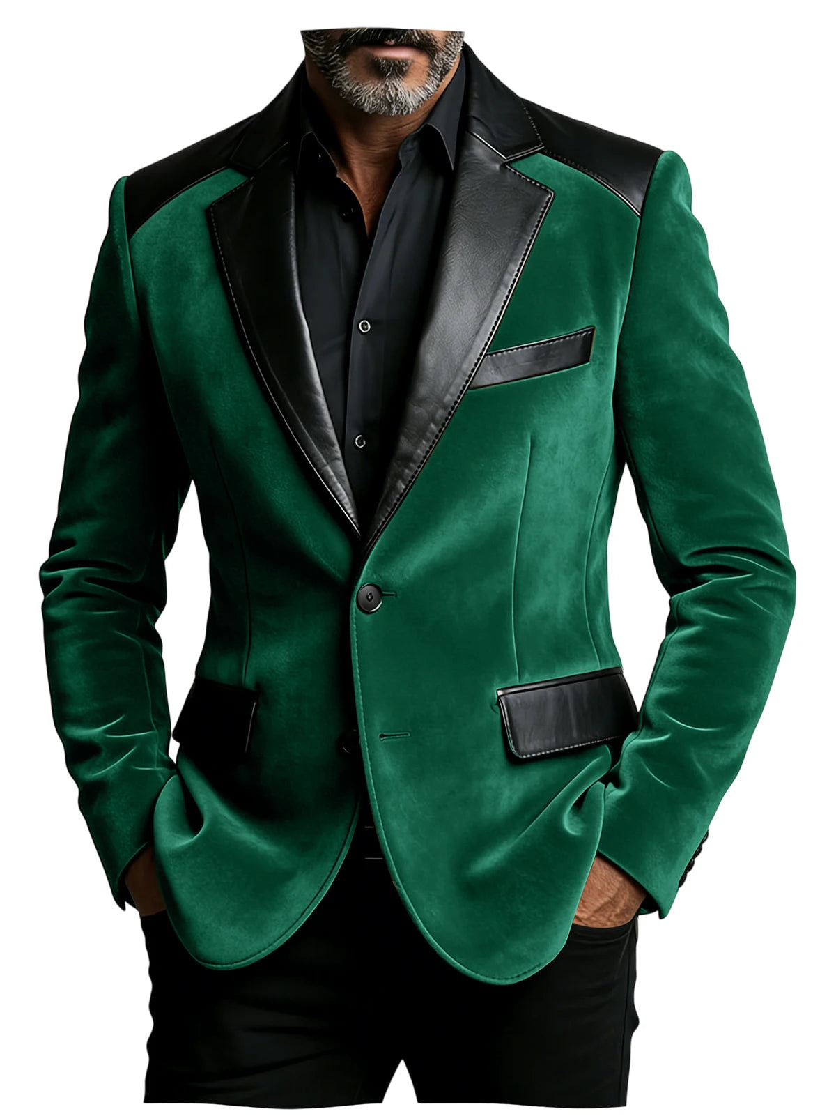 Men's Camel Velvet Blazer with Leather Patchwork Slim Fit Formal Casual Tuxedo Jacket Two-Tone Business Suit Coat