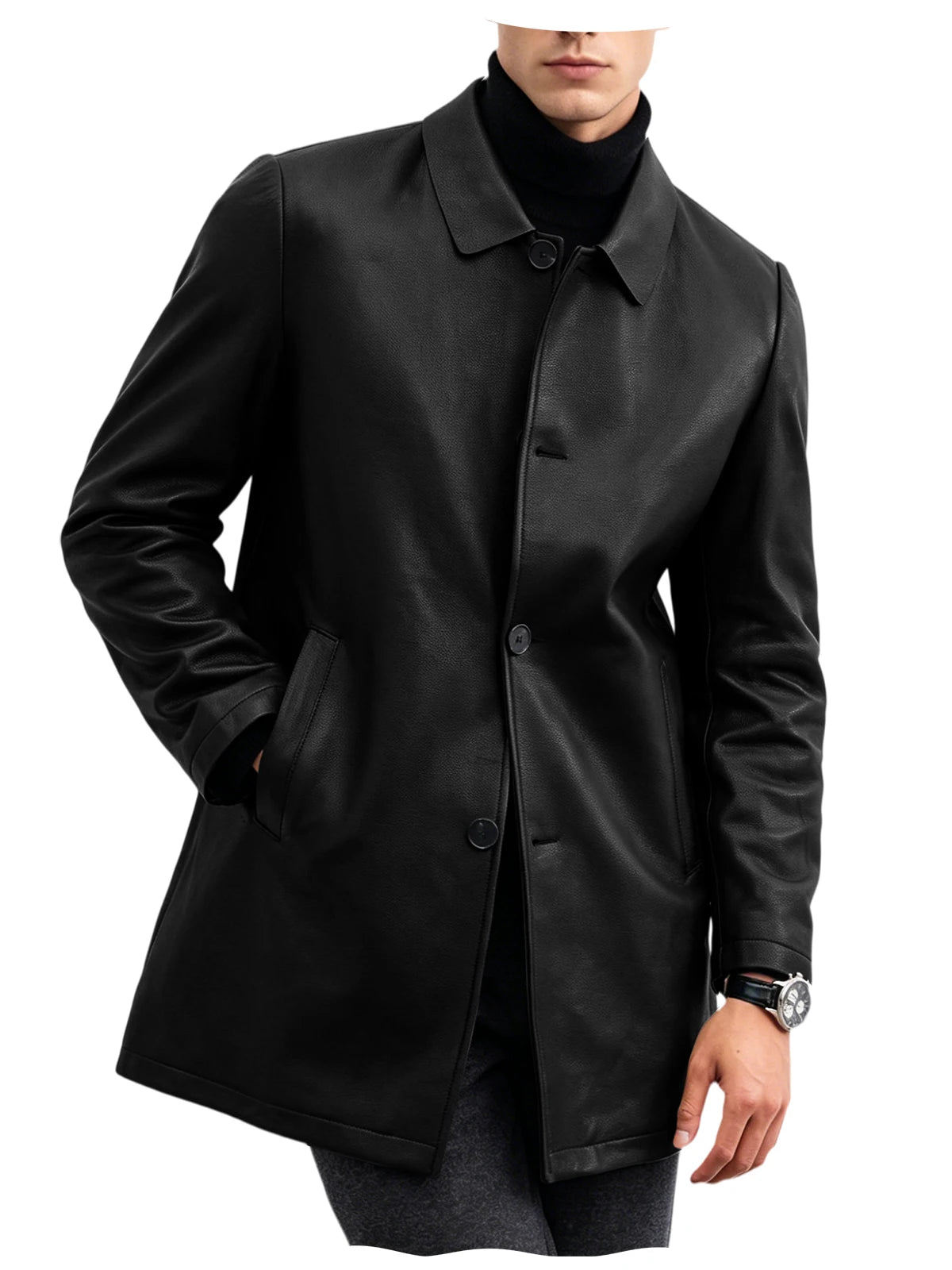 Men Premium Leather-Like Trench Coat Turn-Down Collar Single Breasted Mid-Length Overcoat Classic Slim Fit Business Casual Wear