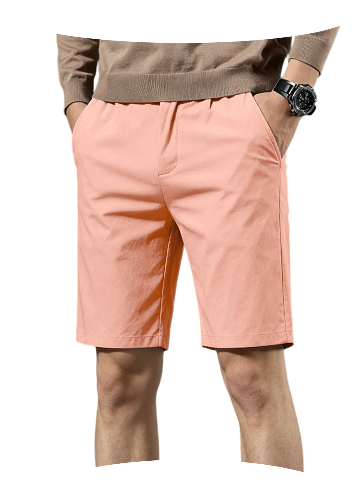 Men Cotton Solid Knee Length Bermuda Shorts Straight Chino Shorts Front Back Pockets Breathable Summer Beach Daily Casual Shorts