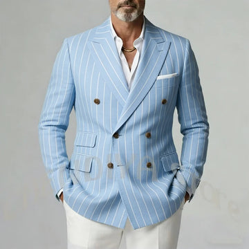 Sky Blue Striped Men's Suit Set Classic Double Breasted Slim Fit Blazer White Pants Smart Casual Beach Vacation Wedding Outfit