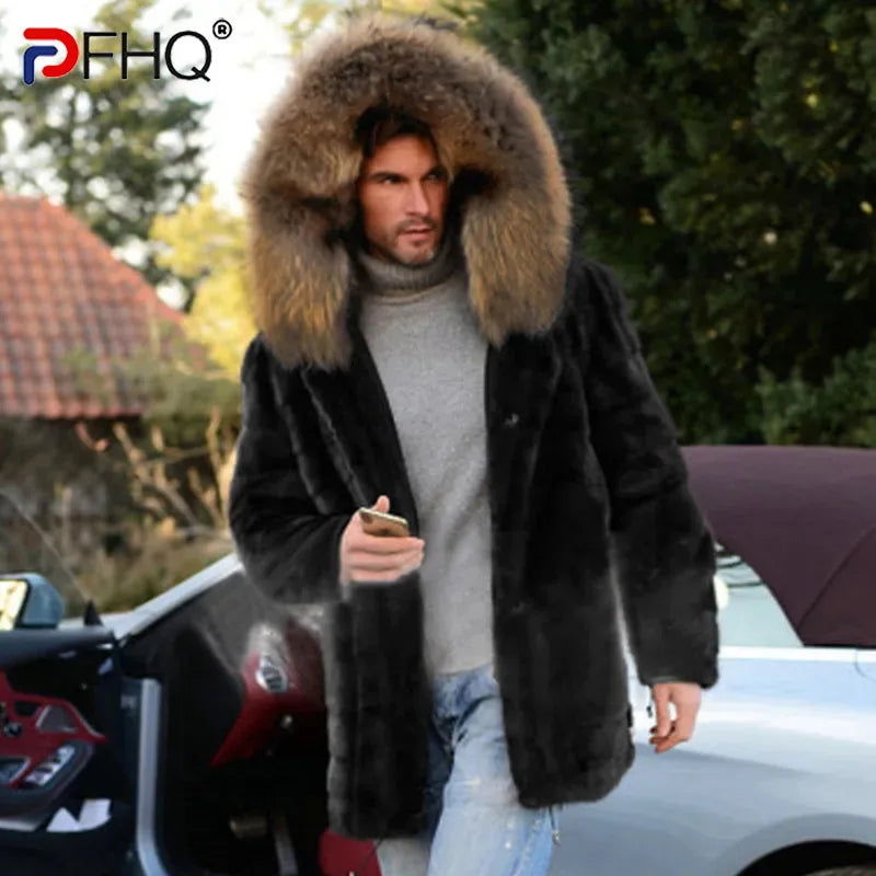 PFHQ Men's Imitation Fox Fur Autumn Winter 2024 Long Sleeve With Hat Design Warm Korea Fashion Male Tops New 21Z7154