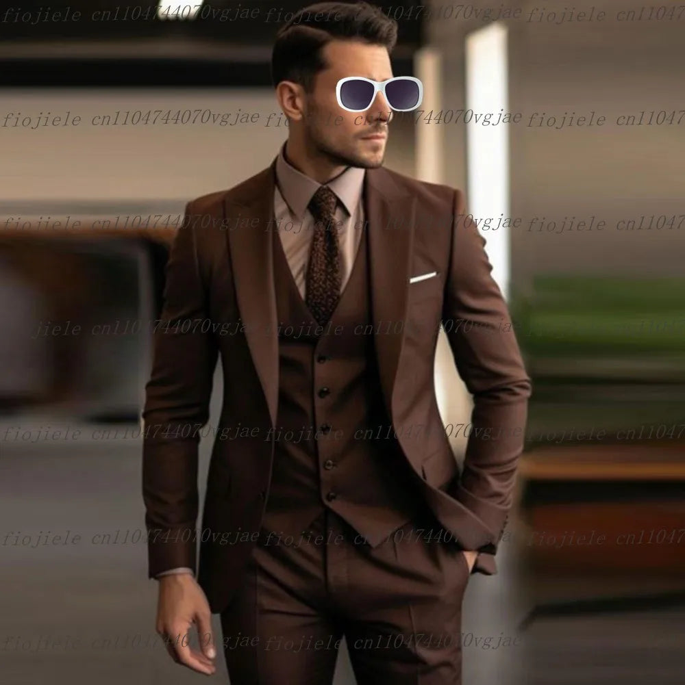 Brown Men Suit Formal Occasion Wedding Party Groom Groomsman Business Male Tuxedos Customized 3 Piece Set Jacket Vest Pants