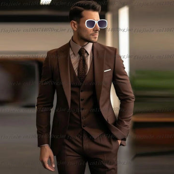 Brown Men Suit Formal Occasion Wedding Party Groom Groomsman Business Male Tuxedos Customized 3 Piece Set Jacket Vest Pants
