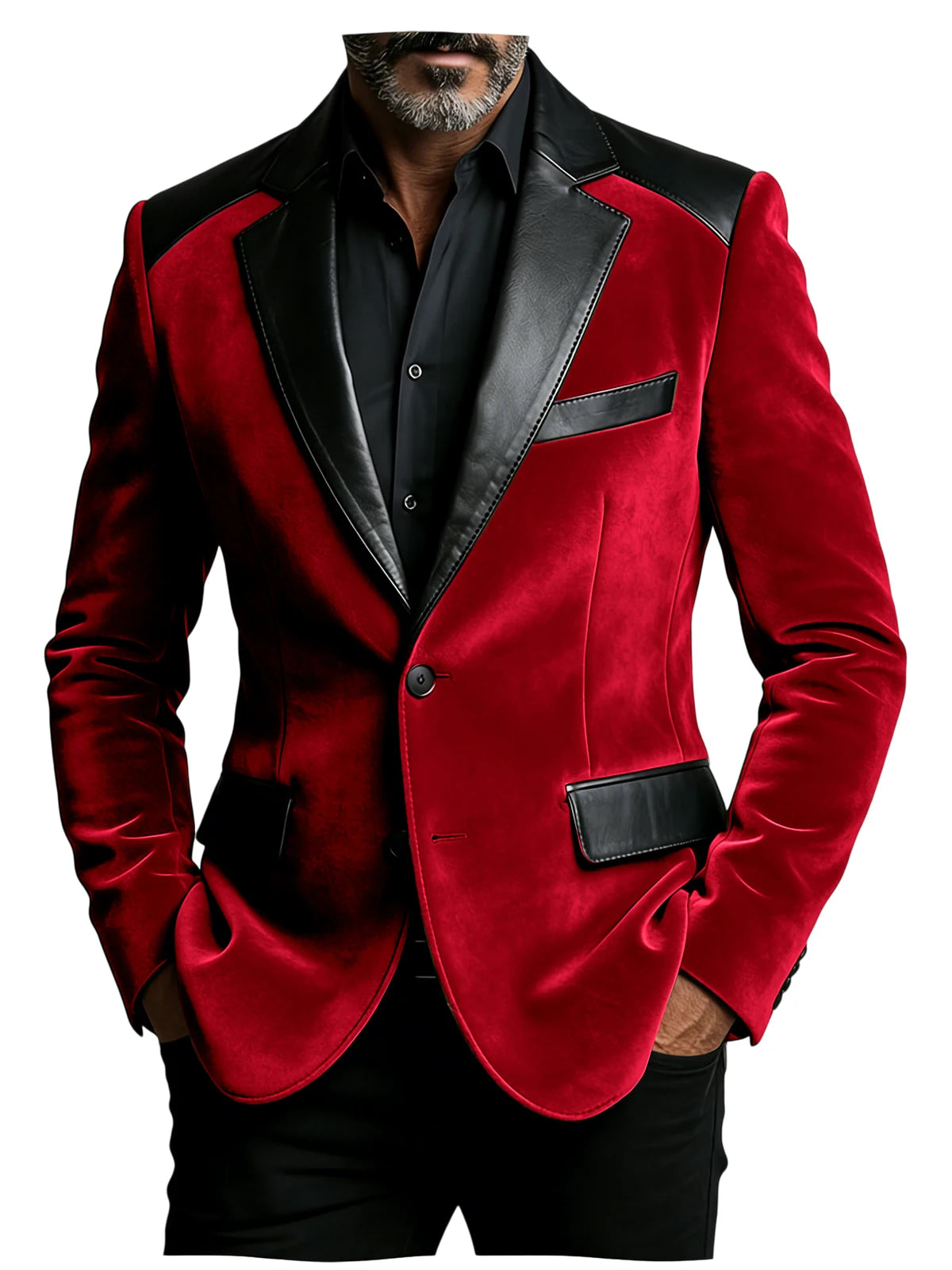 Men's Velvet Blazer with Leather Patchwork Slim Fit Two Button Peak Lapel Suit Jacket for Business Wedding Party Flap Pockets