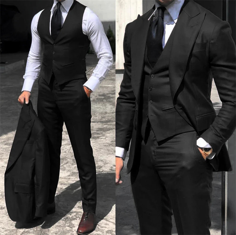 Black Men Suit 2024 Business Office Jacket Pants Vest Three-Piece Set Slim Fit Outfit Wedding Tuxedo for Male Custom Clothes