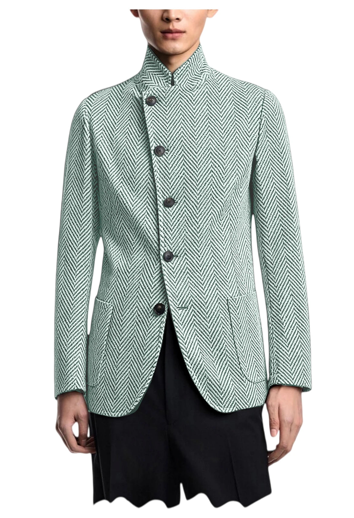 Vintage Men's Herringbone Jacket Stand Collar Slim Fit Wool Blend Formal Blazer Fashion British Style Sport Coat Business Casual