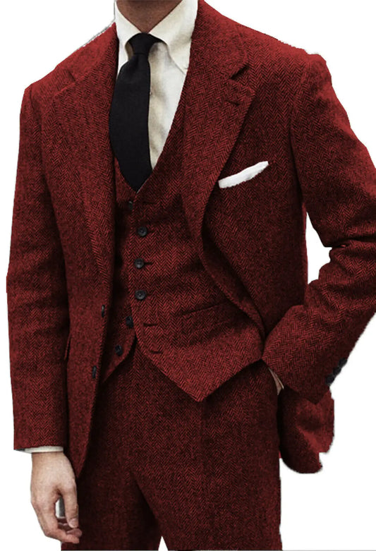 Classic Men's Tweed 3Pic Suit Herringbone Tuxedo Blazer Vest Pants Wool Vintage Groom Wedding Prom Suit