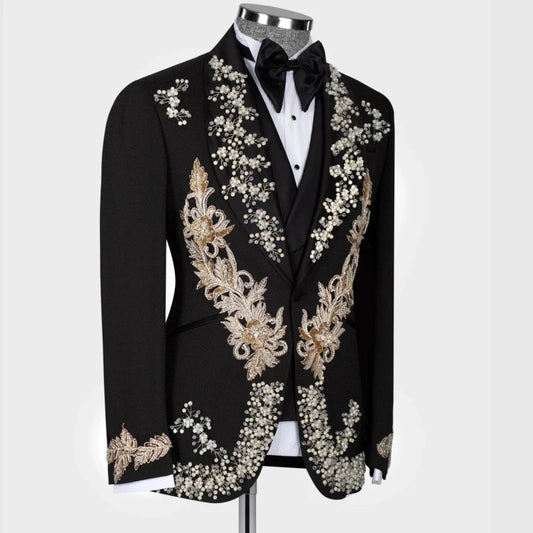 Customized Groom Tuxedo Crystal Appliques Luxury Men's Blazer for Wedding Party 2 Vents Men's Jacket In Stock