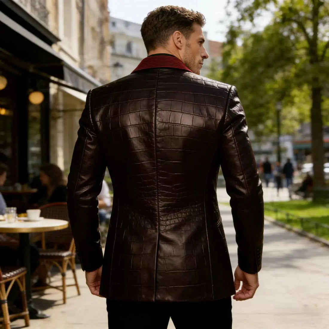 Men's Crocodile Pattern Leather Blazer Corduroy Patchwork 1 Button Shawl Collar Suit Jacket Slim Fit Business Formal Outerwear