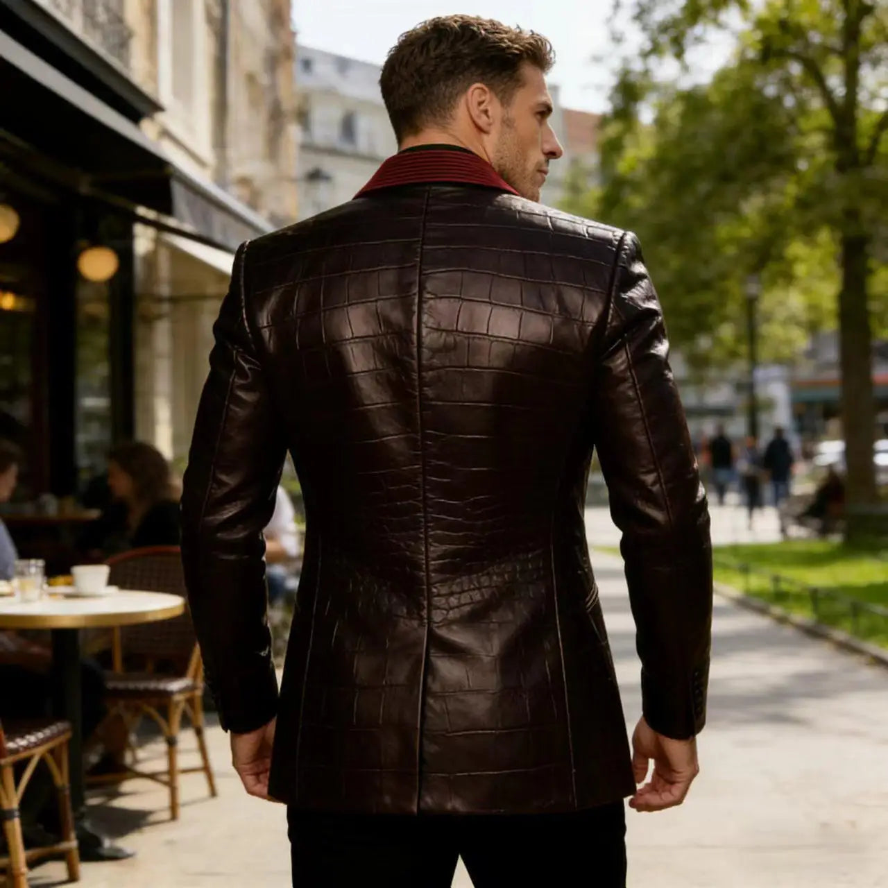 Men's Crocodile Pattern Leather Blazer Corduroy Patchwork 1 Button Shawl Collar Suit Jacket Slim Fit Business Formal Outerwear