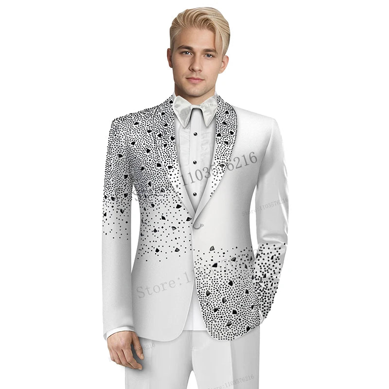 W02 Luxury Beads 2 Pieces Blazer Pants Men Suits Shiny One Button Sheer Lapel Diamonds Formal Party White Wedding Groom