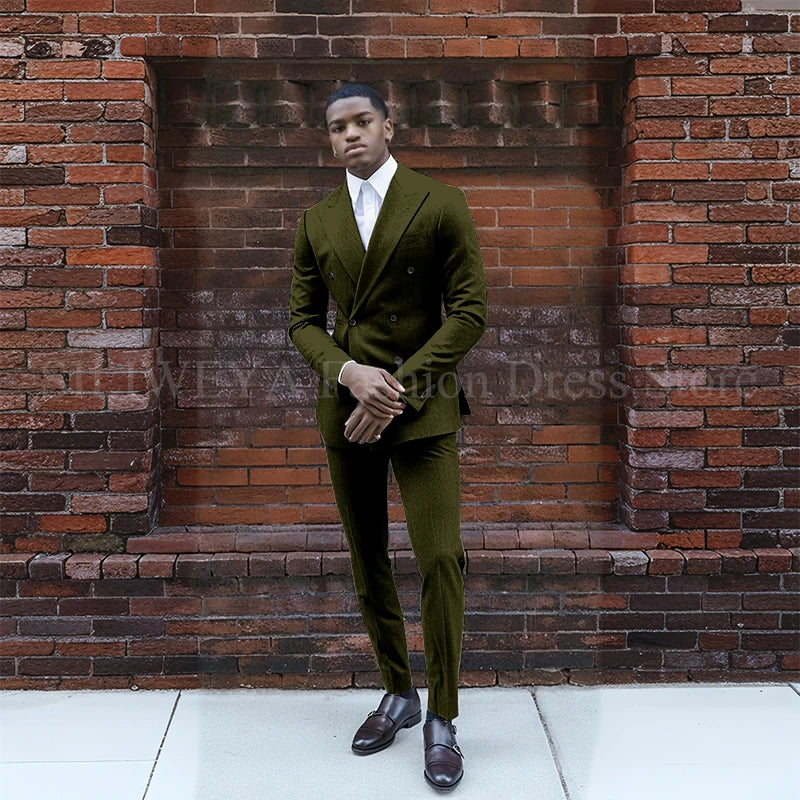 Grey Double Breasted Men's Suit 2 Pieces Jacket Pants Business Casual High Quality Office Stylish Male Clothing