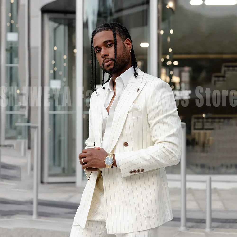 Luxury White Men's Suits 2 Piece Jacket Pants Full Sets Double Breasted Peak Lapel Elegant Male Clothing Custom Costume Homme