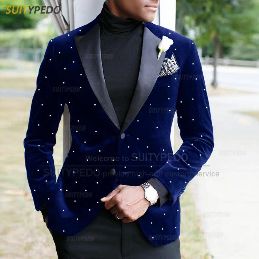 Fashion Navy Blue Velvet Men Suit Set Evening Party Luxury Shiny Beads Blazer Formal Activities Slim Fit Tuxedos Pants 2 Pieces