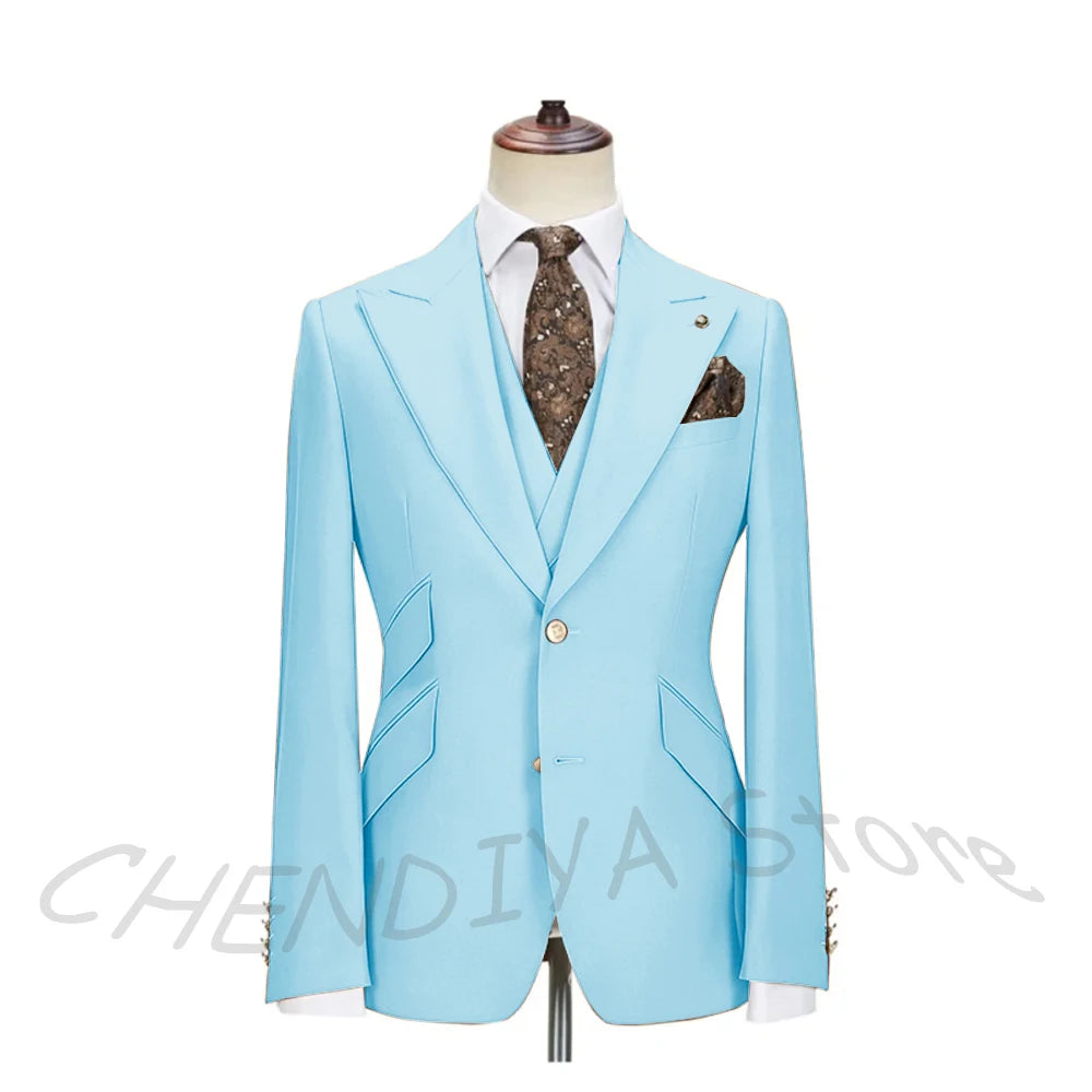 Solid Color Men's Suits 3 Piece (Blazer+Pants+Vest) Fashion Peak Lapel Single Breasted Prom Male  Business Casual Clothing