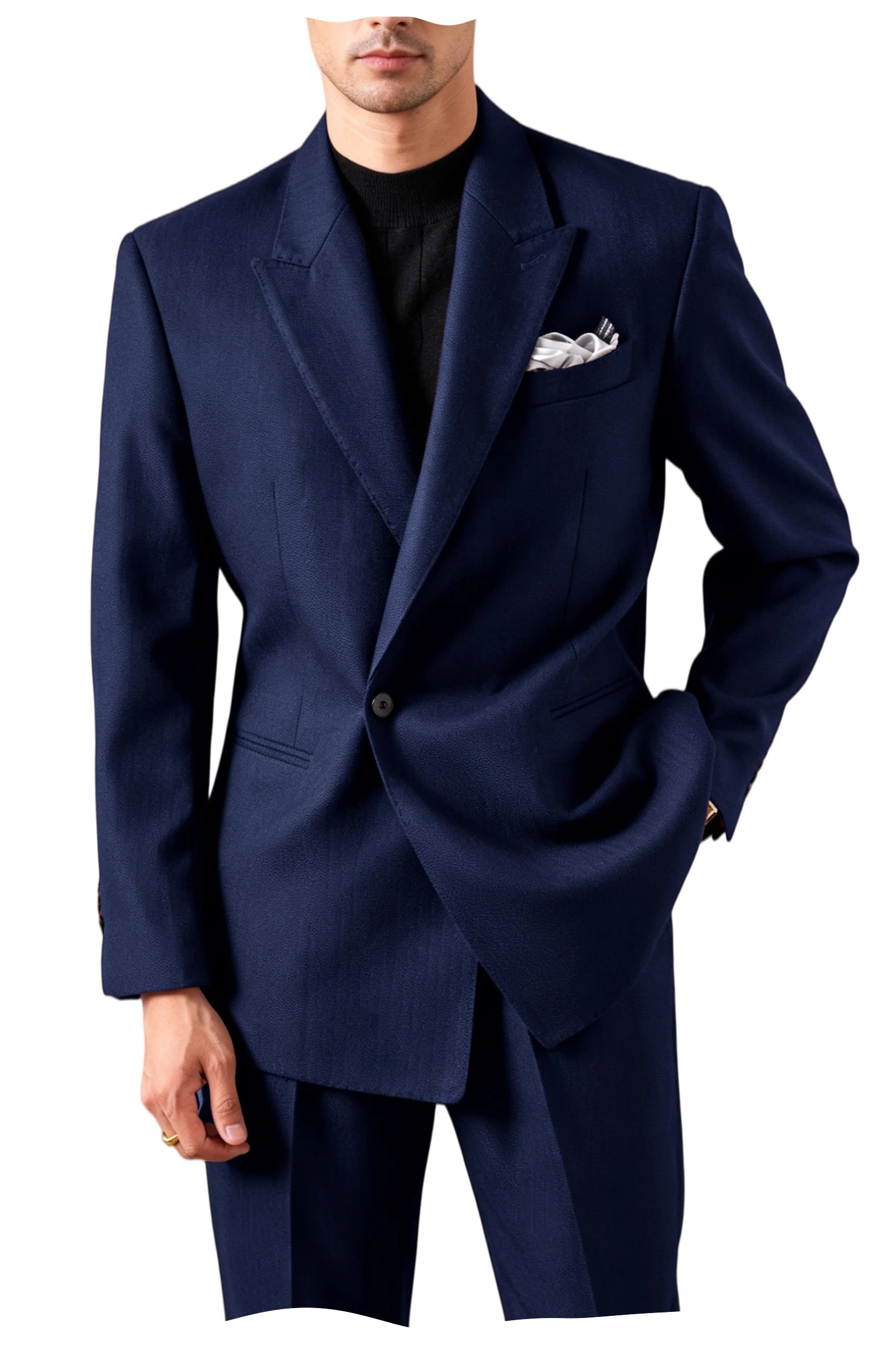Men's Serge Suit Set Jacket Premium One Button Peak Lapel Slim Fit Tuxedo 2 Piece Blazer Pants Casual Business Wedding Formal