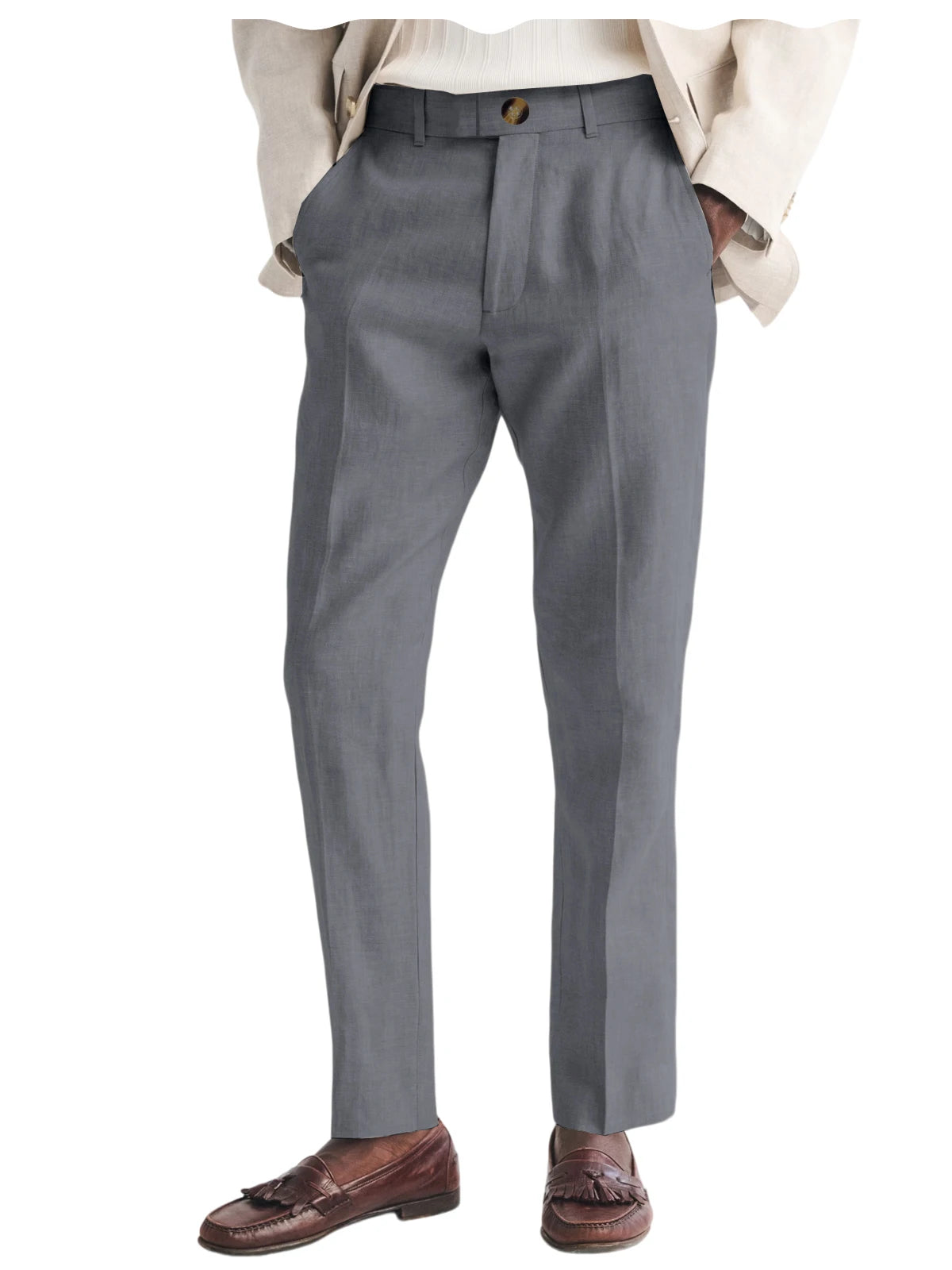 Men's Linen Straight Fit Pants Wrinkle-Resistant Lightweight Breathable Flat-Front Casual Trousers Expandable-Waist For Summer