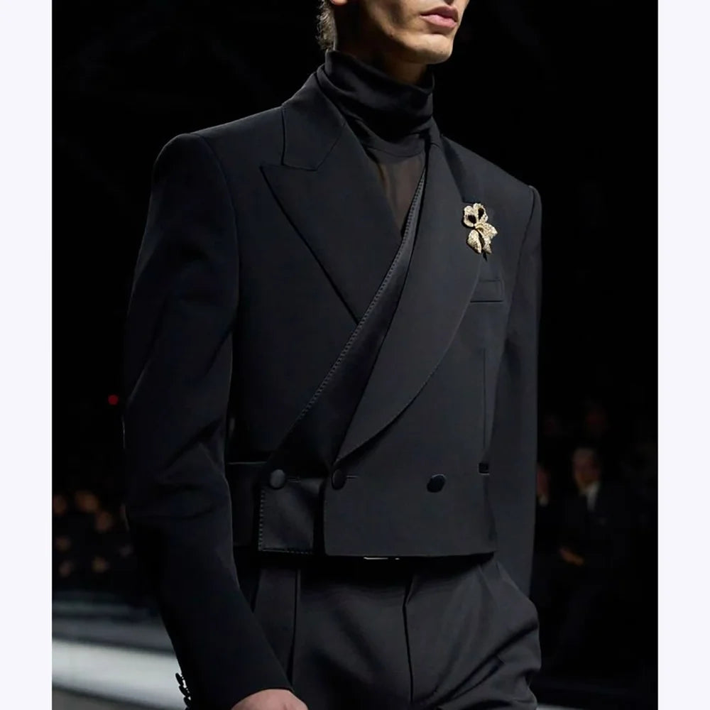 Classic Black Men's Suits Incline Button Peak Lapel Formal Blazer Smart Casual Model Show Evening Party Prom Wedding Set