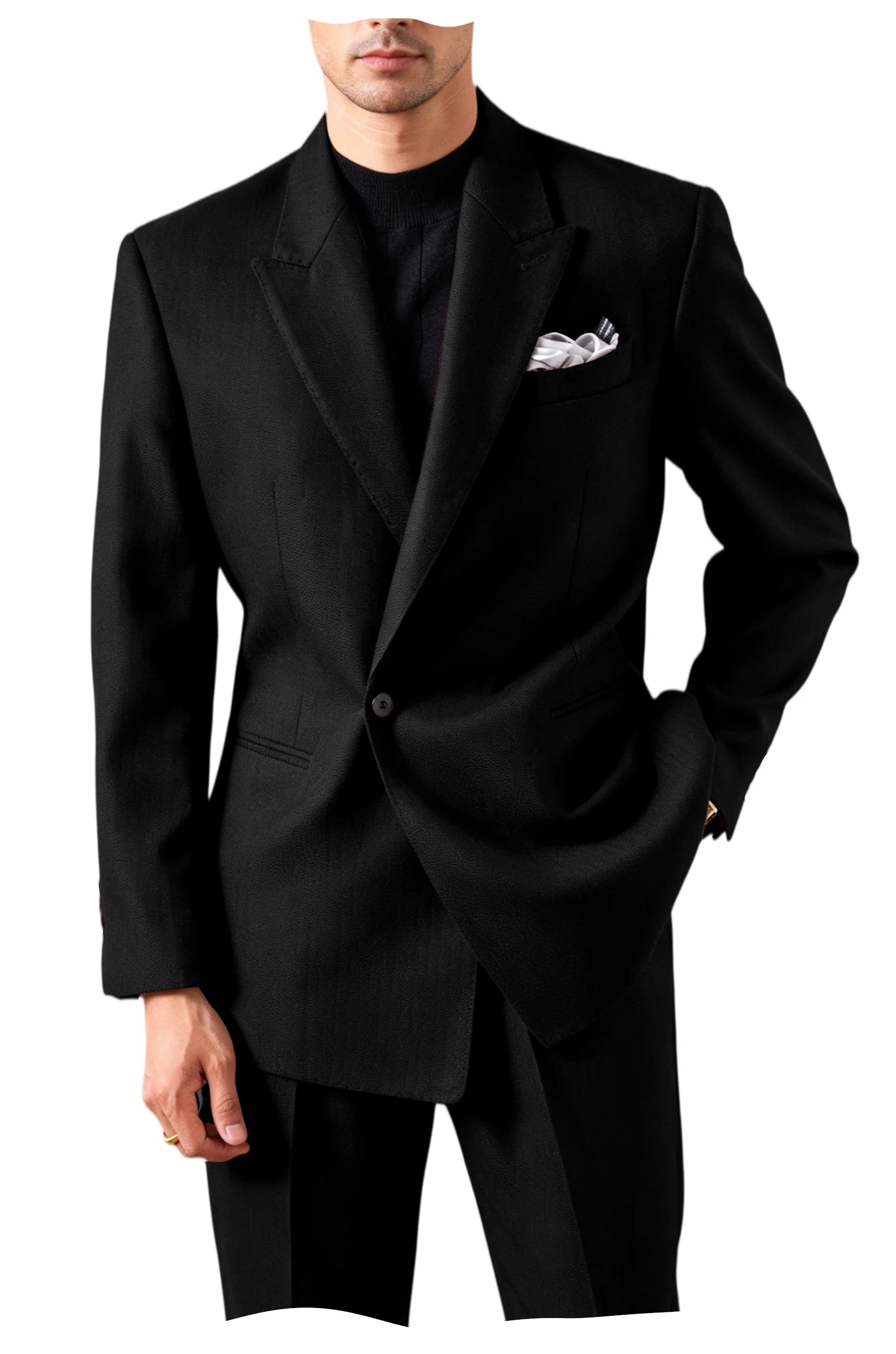 Men's Serge Suit Set Jacket Premium One Button Peak Lapel Slim Fit Tuxedo 2 Piece Blazer Pants Casual Business Wedding Formal